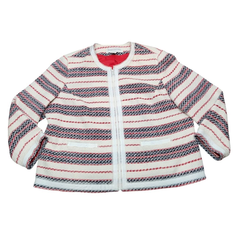 Doncaster Tweed Blazer Jacket Red White Black Ribbon Trim Woven Plus 24 Preppy